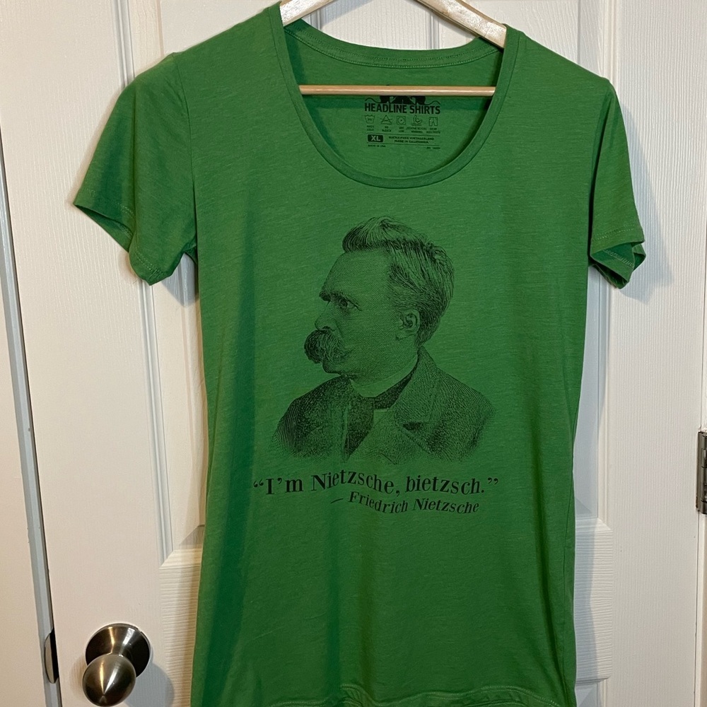 Headline Shirts “I’m Nietzsche, bietzsch.” green scoop neck tee ladies sz XL - Picture 2 of 8